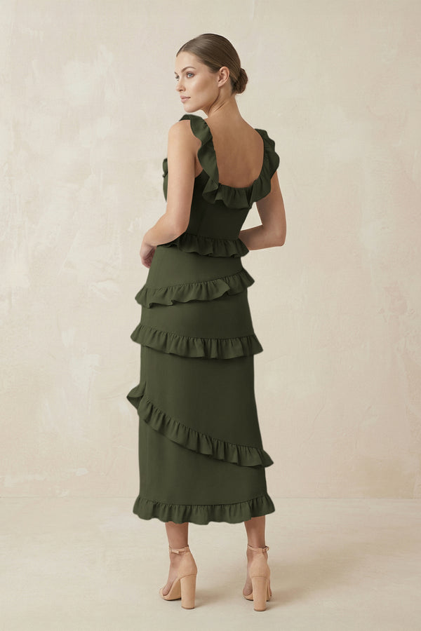 Square Neck Ruffled Sheath Satin Midi Bridesmaid Dress in Willow Green - KissProm Bridesmaid Dresses