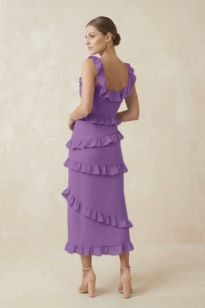Square Neck Ruffled Sheath Satin Midi Bridesmaid Dress in Wisteria - KissProm Bridesmaid Dresses