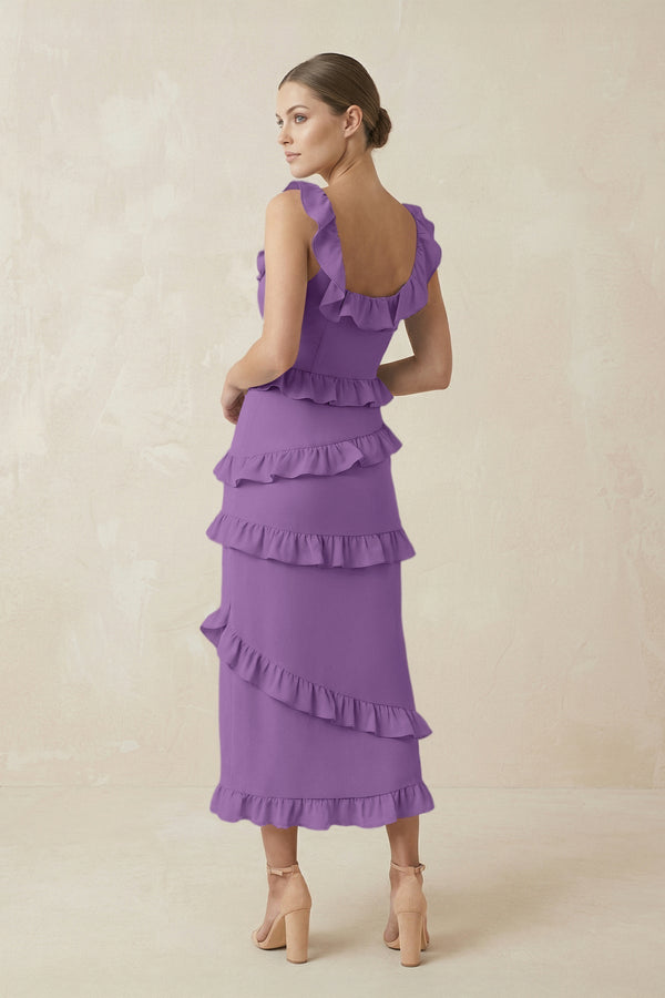 Square Neck Ruffled Sheath Satin Midi Bridesmaid Dress in Wisteria - KissProm Bridesmaid Dresses