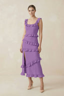 Square Neck Ruffled Sheath Satin Midi Bridesmaid Dress in Wisteria - KissProm Bridesmaid Dresses