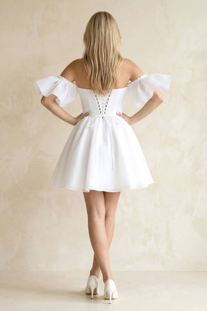 Square Neck Ruffled Sleeves A - Line Satin Wedding Dress in White - KissProm Wedding Dresses