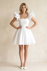 Square Neck Ruffled Sleeves A - Line Satin Wedding Dress in White - KissProm Wedding Dresses