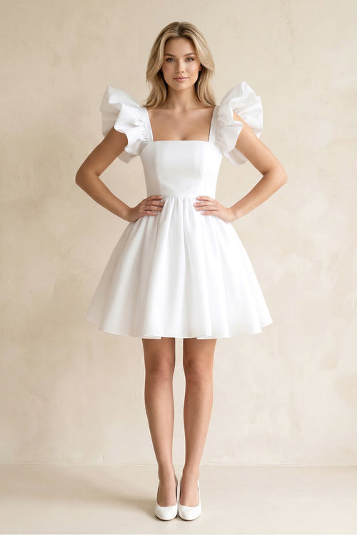 Square Neck Ruffled Sleeves A - Line Satin Wedding Dress in White - KissProm Wedding Dresses