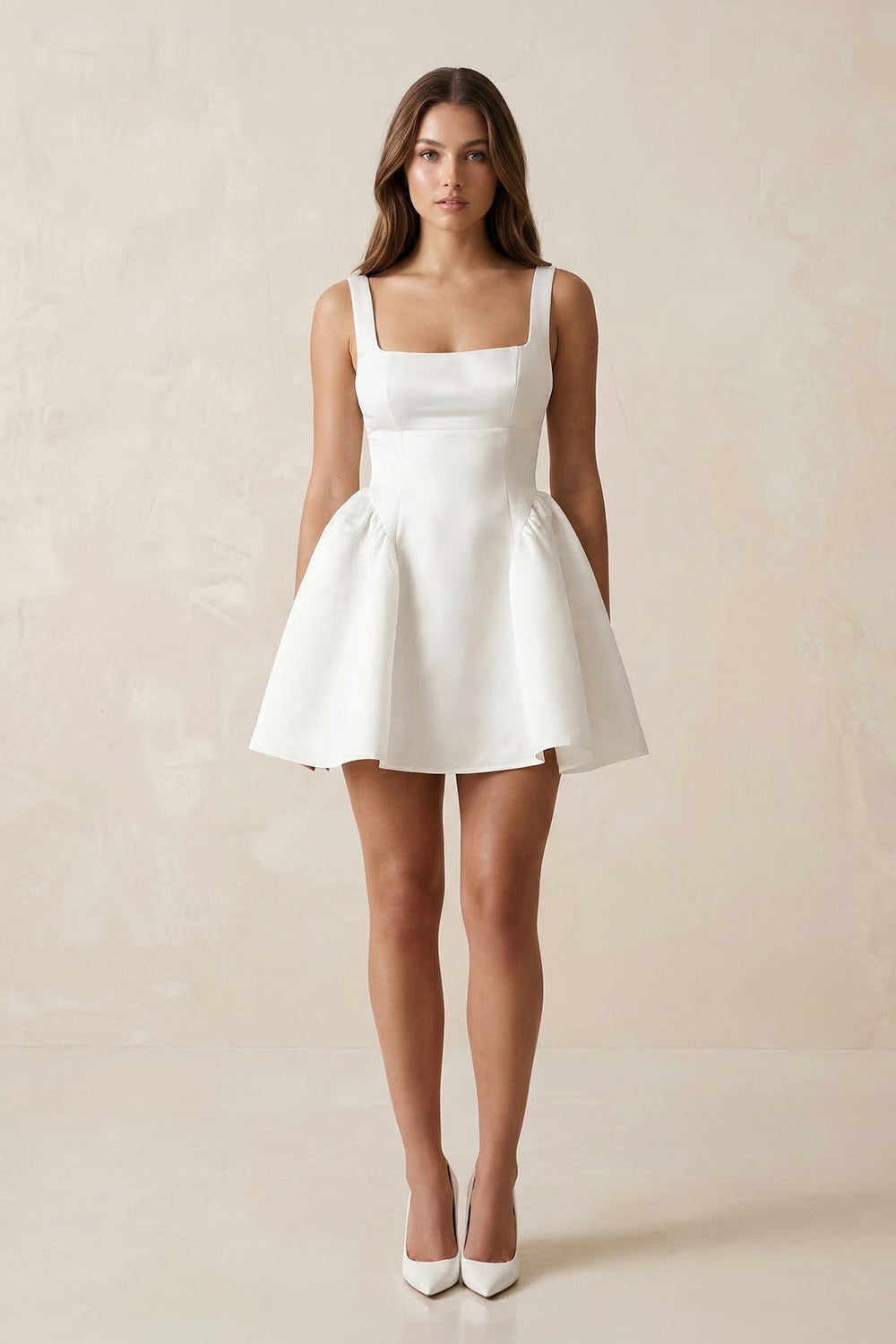 satin white mini dress Vienna Mock Neck allowing it to softly drape and curve over any body type in the most flattering way KissProm |Square Neck Satin A-Line