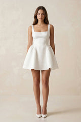Square Neck Satin A - Line Mini Wedding Dress in White - KissProm Wedding Dresses