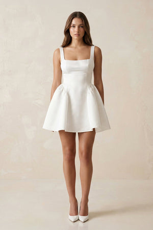 Square Neck Satin A - Line Mini Wedding Dress in White - KissProm Wedding Dresses