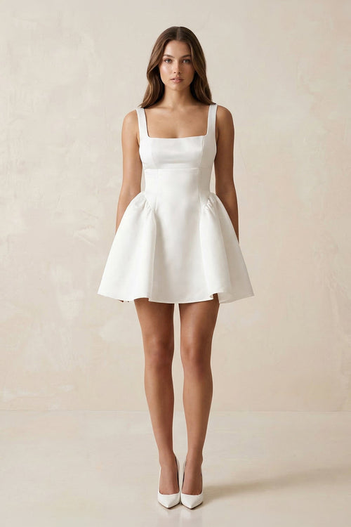 Square Neck Satin A - Line Mini Wedding Dress in White - KissProm Wedding Dresses