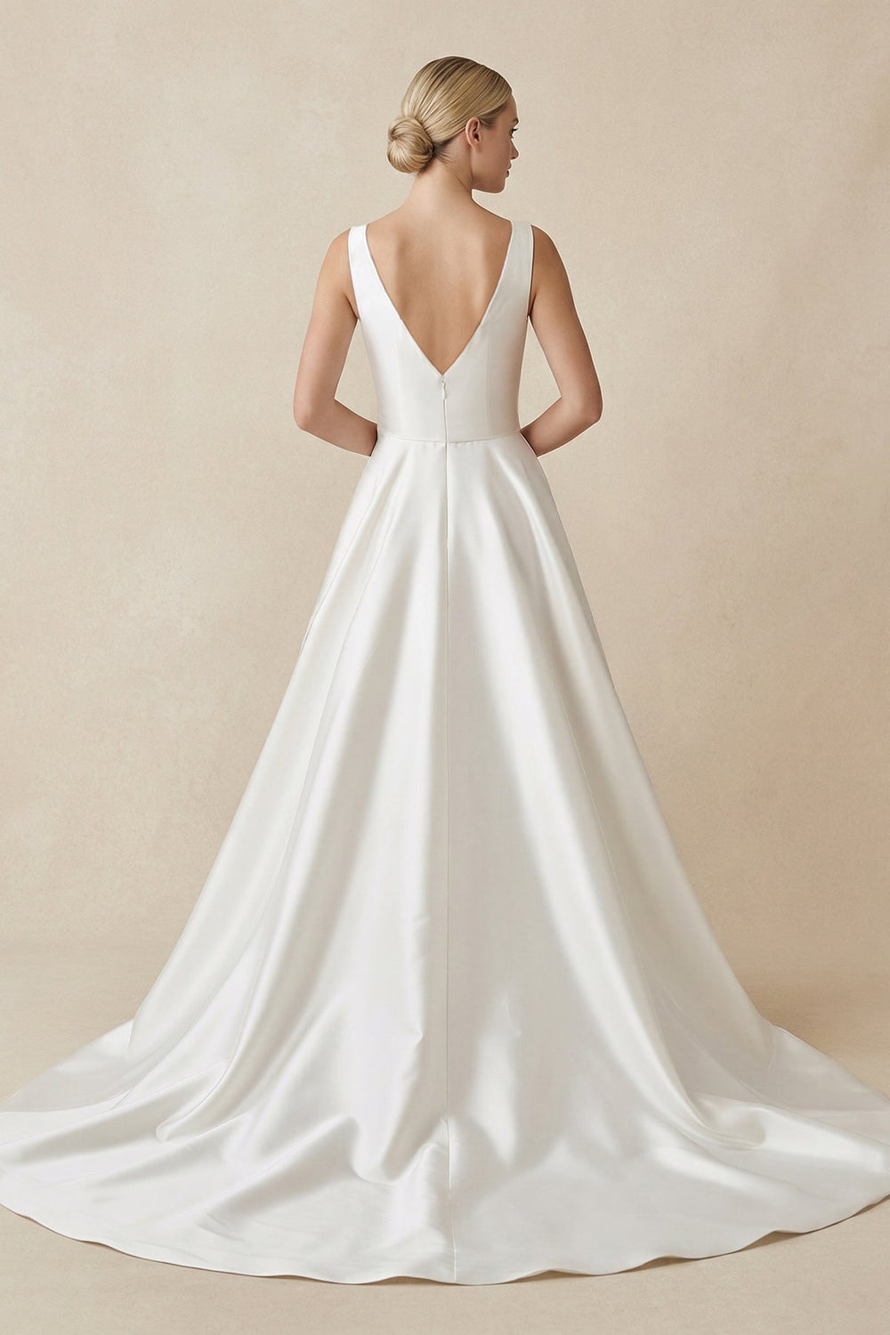 Square Neck Satin A - Line Ruched Wedding Dress in White - KissProm Wedding Dresses