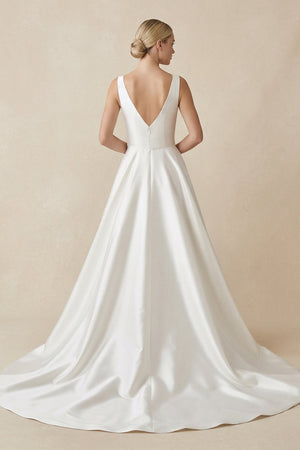 Square Neck Satin A - Line Ruched Wedding Dress in White - KissProm Wedding Dresses
