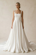 Square Neck Satin A - Line Ruched Wedding Dress in White - KissProm Wedding Dresses