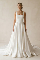 Square Neck Satin A - Line Ruched Wedding Dress in White - KissProm Wedding Dresses