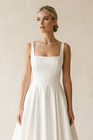 Square Neck Satin A - Line Ruched Wedding Dress in White - KissProm Wedding Dresses