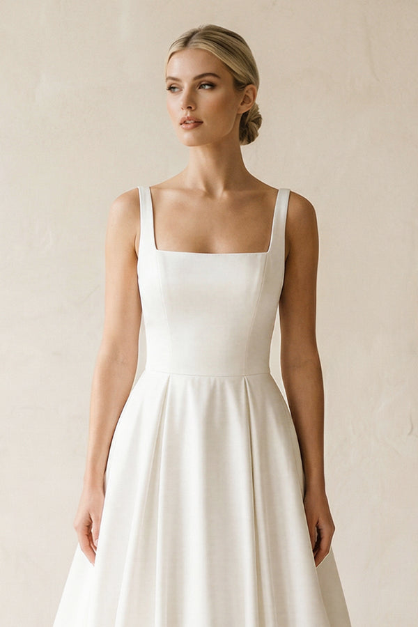 Square Neck Satin A - Line Ruched Wedding Dress in White - KissProm Wedding Dresses