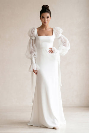 Square Neck Satin sheath Long Sleeves Wedding Dress in White - KissProm Wedding Dresses