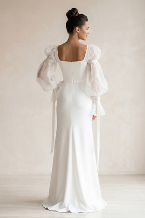 Square Neck Satin sheath Long Sleeves Wedding Dress in White - KissProm Wedding Dresses