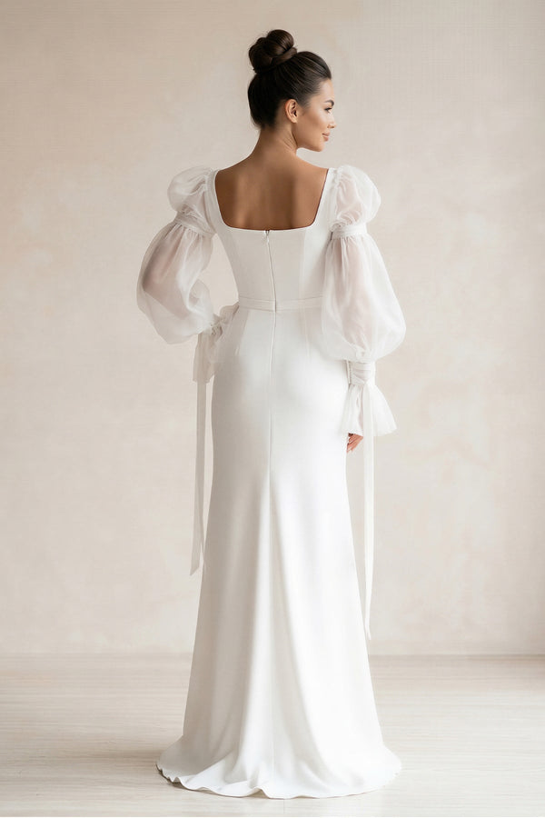 Square Neck Satin sheath Long Sleeves Wedding Dress in White - KissProm Wedding Dresses