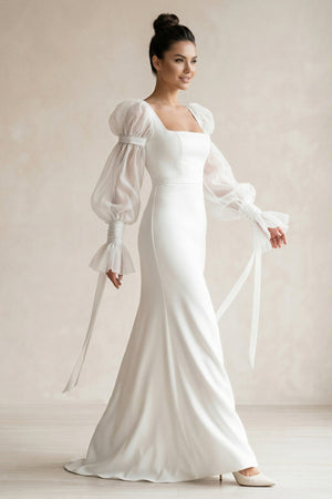 Square Neck Satin sheath Long Sleeves Wedding Dress in White - KissProm Wedding Dresses