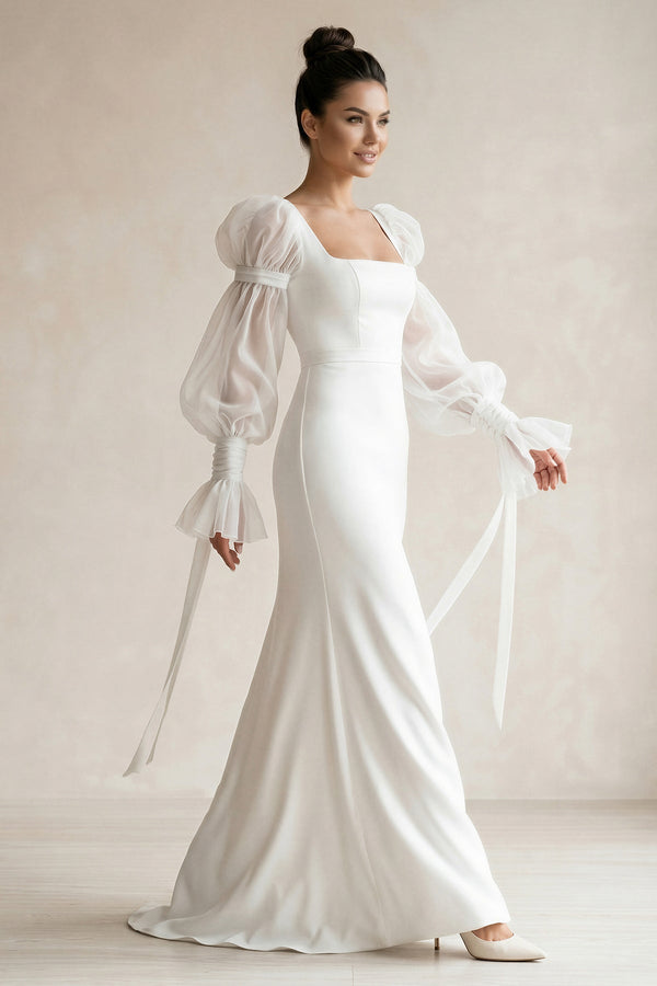 Square Neck Satin sheath Long Sleeves Wedding Dress in White - KissProm Wedding Dresses