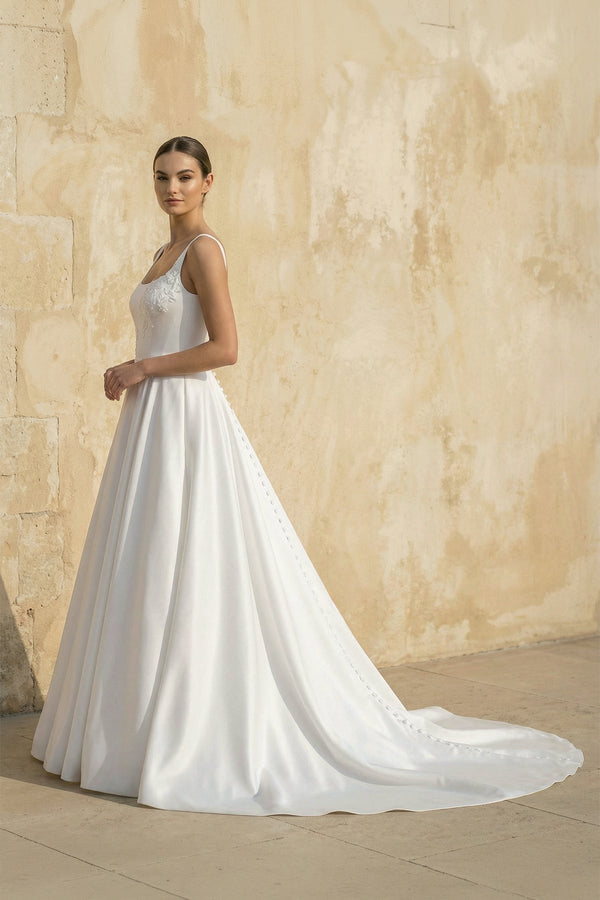 Square Neck Satin Wedding Dress with Appliques in White – Dress by KissProm | Available at KissProm