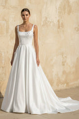 Square Neck Satin Wedding Dress with Appliques in White – Dress by KissProm | Available at KissProm