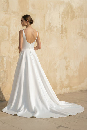 Square Neck Satin Wedding Dress with Appliques in White – Dress by KissProm | Available at KissProm