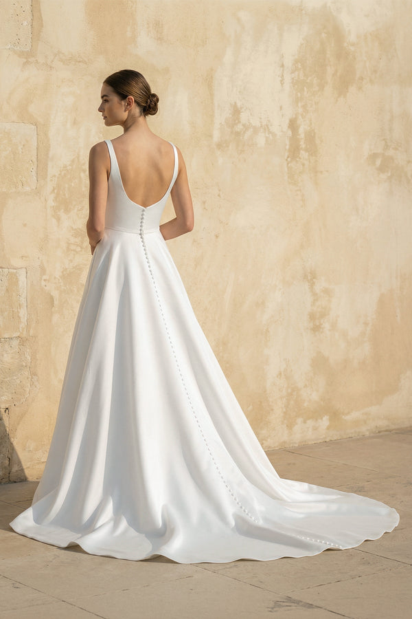 Square Neck Satin Wedding Dress with Appliques in White – Dress by KissProm | Available at KissProm