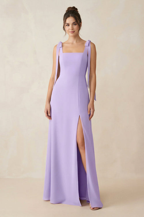 Square Neck Sheath Chiffon Bridesmaid Dress with Bow in Lavender - KissProm BRIDESMAID DRESSES