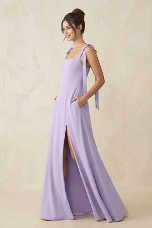 Square Neck Sheath Chiffon Bridesmaid Dress with Bow in Lavender - KissProm BRIDESMAID DRESSES