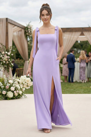 Square Neck Sheath Chiffon Bridesmaid Dress with Bow in Lavender - KissProm BRIDESMAID DRESSES