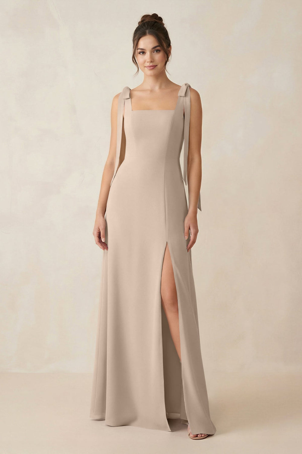 Square Neck Sheath Chiffon Bridesmaid Dress with Bow in Almond - KissProm Bridesmaid Dresses
