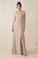 Square Neck Sheath Chiffon Bridesmaid Dress with Bow in Almond - KissProm Bridesmaid Dresses