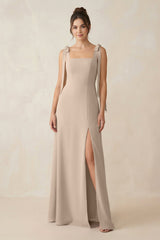 Square Neck Sheath Chiffon Bridesmaid Dress with Bow in Almond - KissProm Bridesmaid Dresses