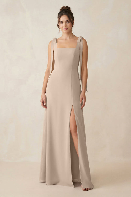 Square Neck Sheath Chiffon Bridesmaid Dress with Bow in Almond - KissProm Bridesmaid Dresses