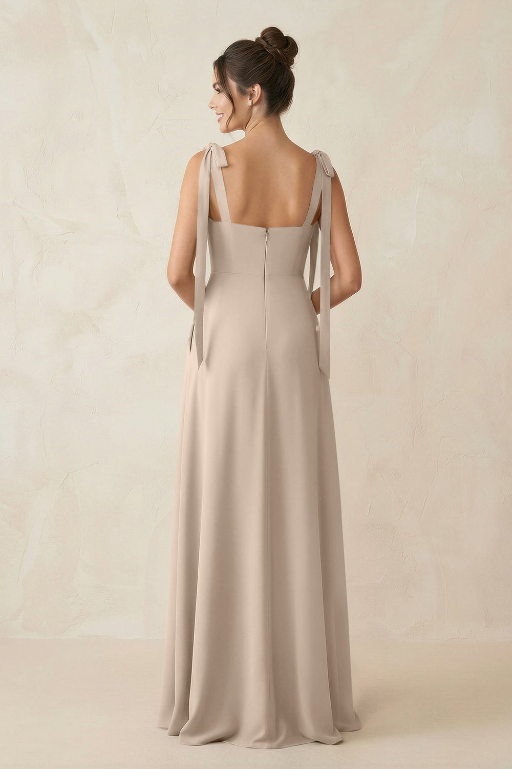 Square Neck Sheath Chiffon Bridesmaid Dress with Bow in Almond - KissProm Bridesmaid Dresses