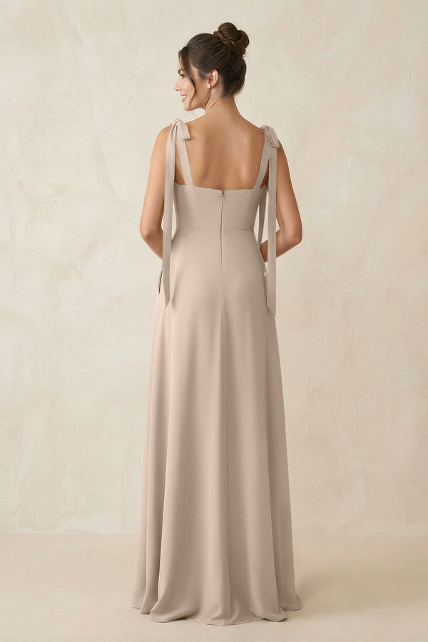Square Neck Sheath Chiffon Bridesmaid Dress with Bow in Almond - KissProm Bridesmaid Dresses