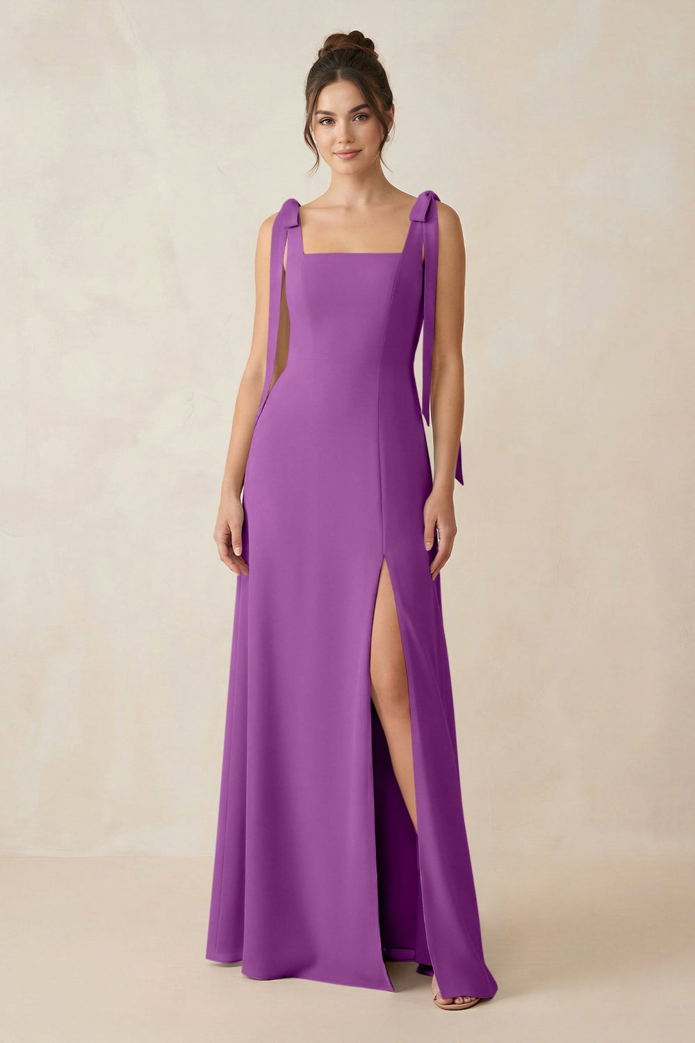 Square Neck Sheath Chiffon Bridesmaid Dress with Bow in Amethyst - KissProm Bridesmaid Dresses
