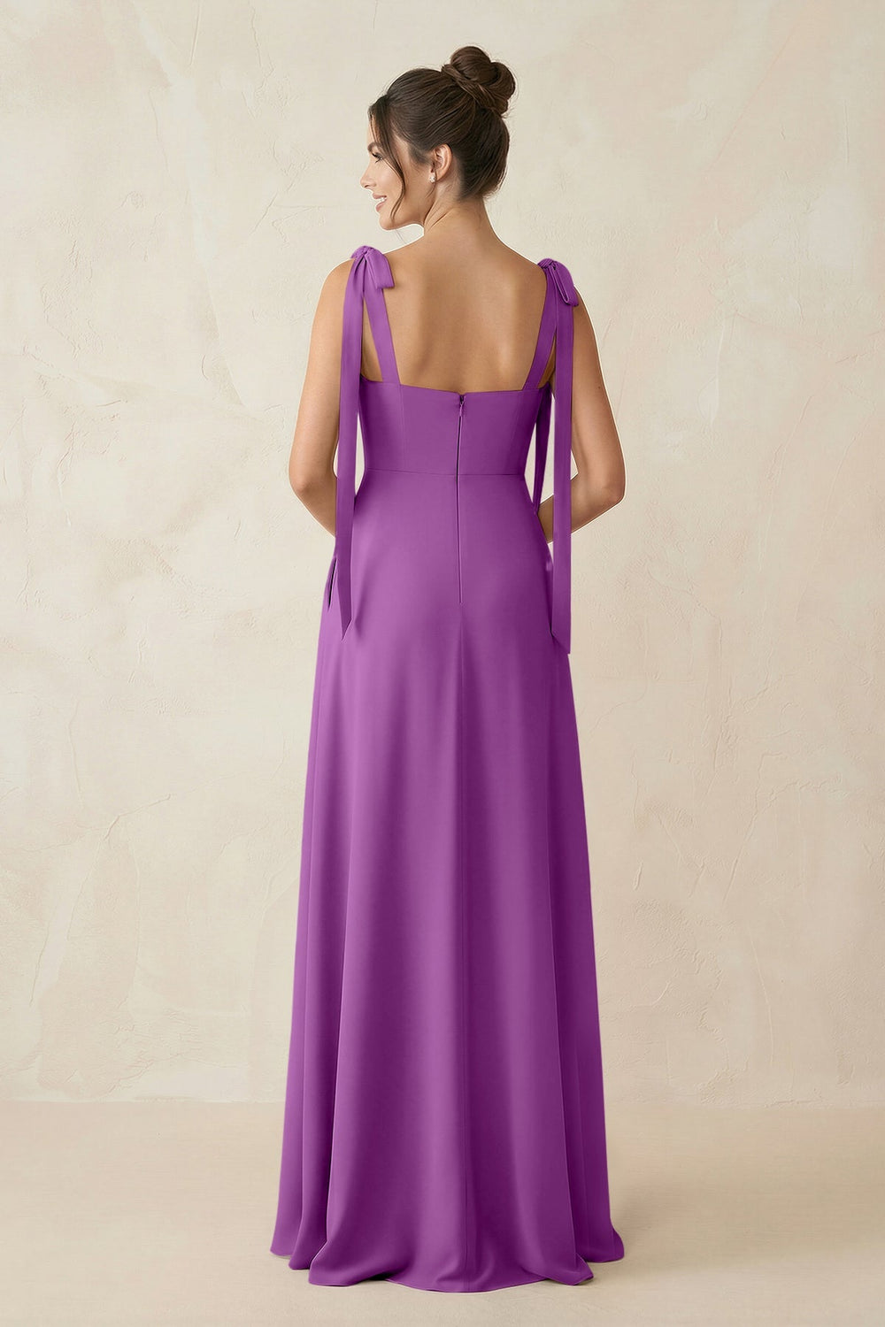 Square Neck Sheath Chiffon Bridesmaid Dress with Bow in Amethyst - KissProm Bridesmaid Dresses