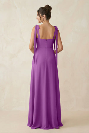 Square Neck Sheath Chiffon Bridesmaid Dress with Bow in Amethyst - KissProm Bridesmaid Dresses