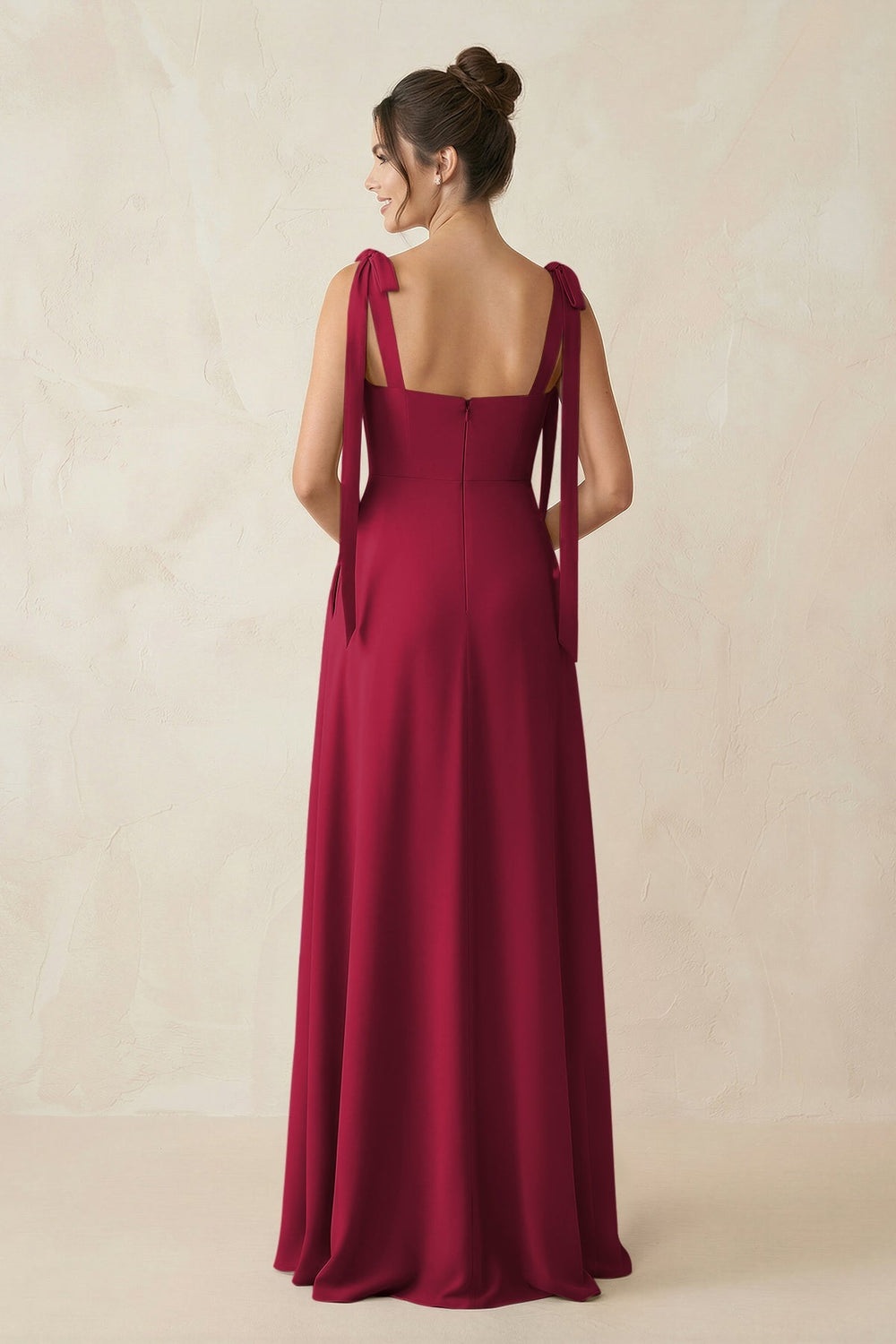 Square Neck Sheath Chiffon Bridesmaid Dress with Bow in Berry - KissProm Bridesmaid Dresses