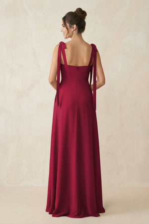 Square Neck Sheath Chiffon Bridesmaid Dress with Bow in Berry - KissProm Bridesmaid Dresses