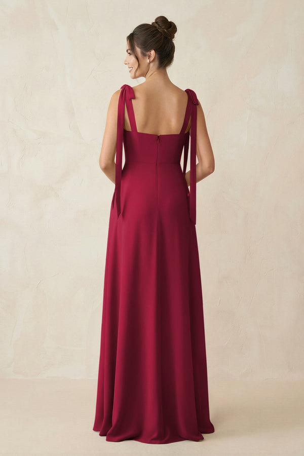 Square Neck Sheath Chiffon Bridesmaid Dress with Bow in Berry - KissProm Bridesmaid Dresses