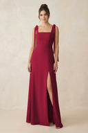 Square Neck Sheath Chiffon Bridesmaid Dress with Bow in Berry - KissProm Bridesmaid Dresses