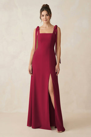 Square Neck Sheath Chiffon Bridesmaid Dress with Bow in Berry - KissProm Bridesmaid Dresses