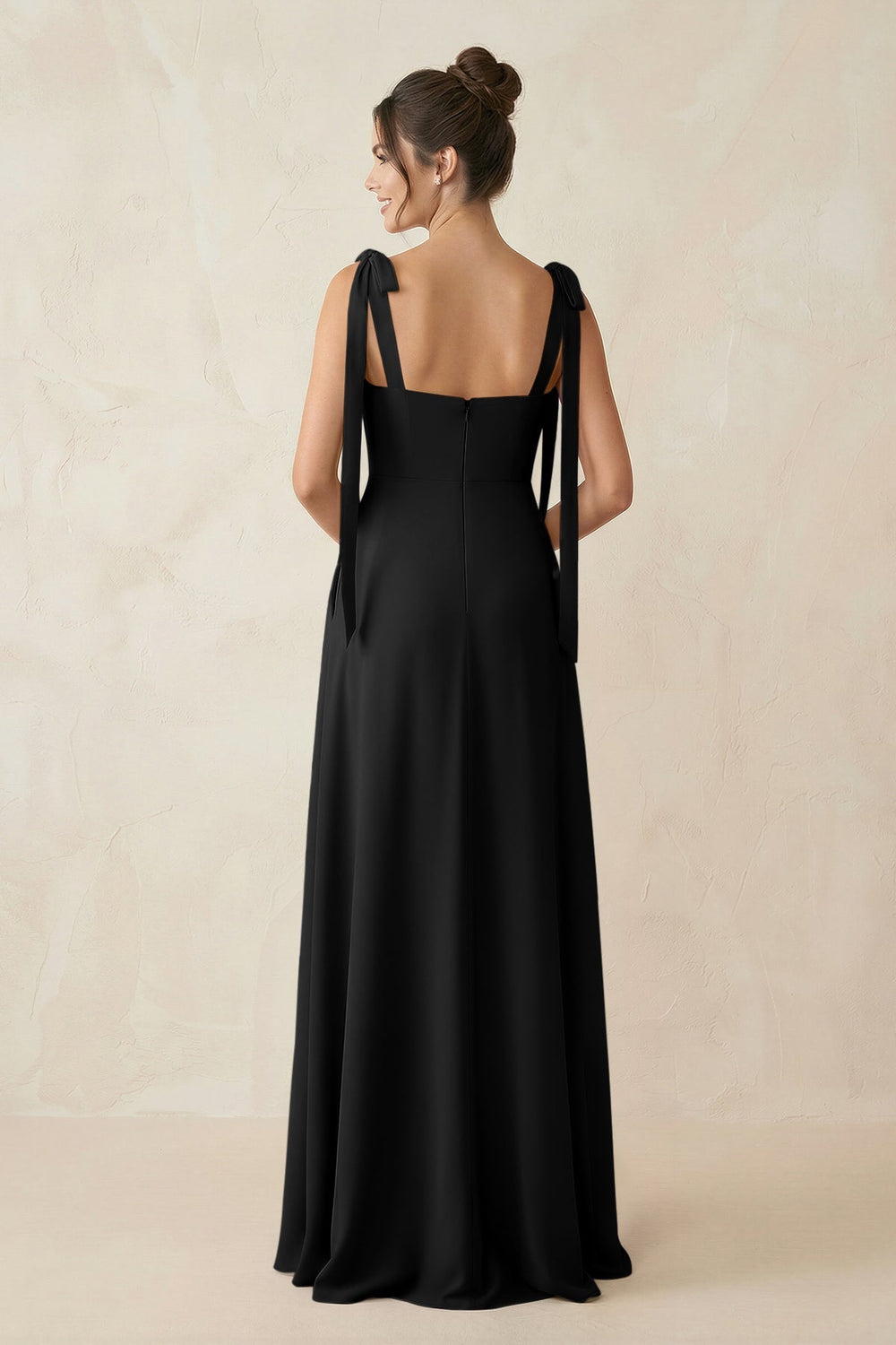 Square Neck Sheath Chiffon Bridesmaid Dress with Bow in Black - KissProm Bridesmaid Dresses