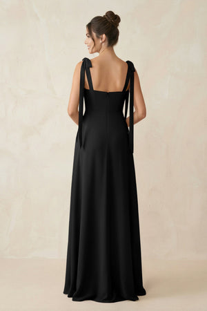 Square Neck Sheath Chiffon Bridesmaid Dress with Bow in Black - KissProm Bridesmaid Dresses