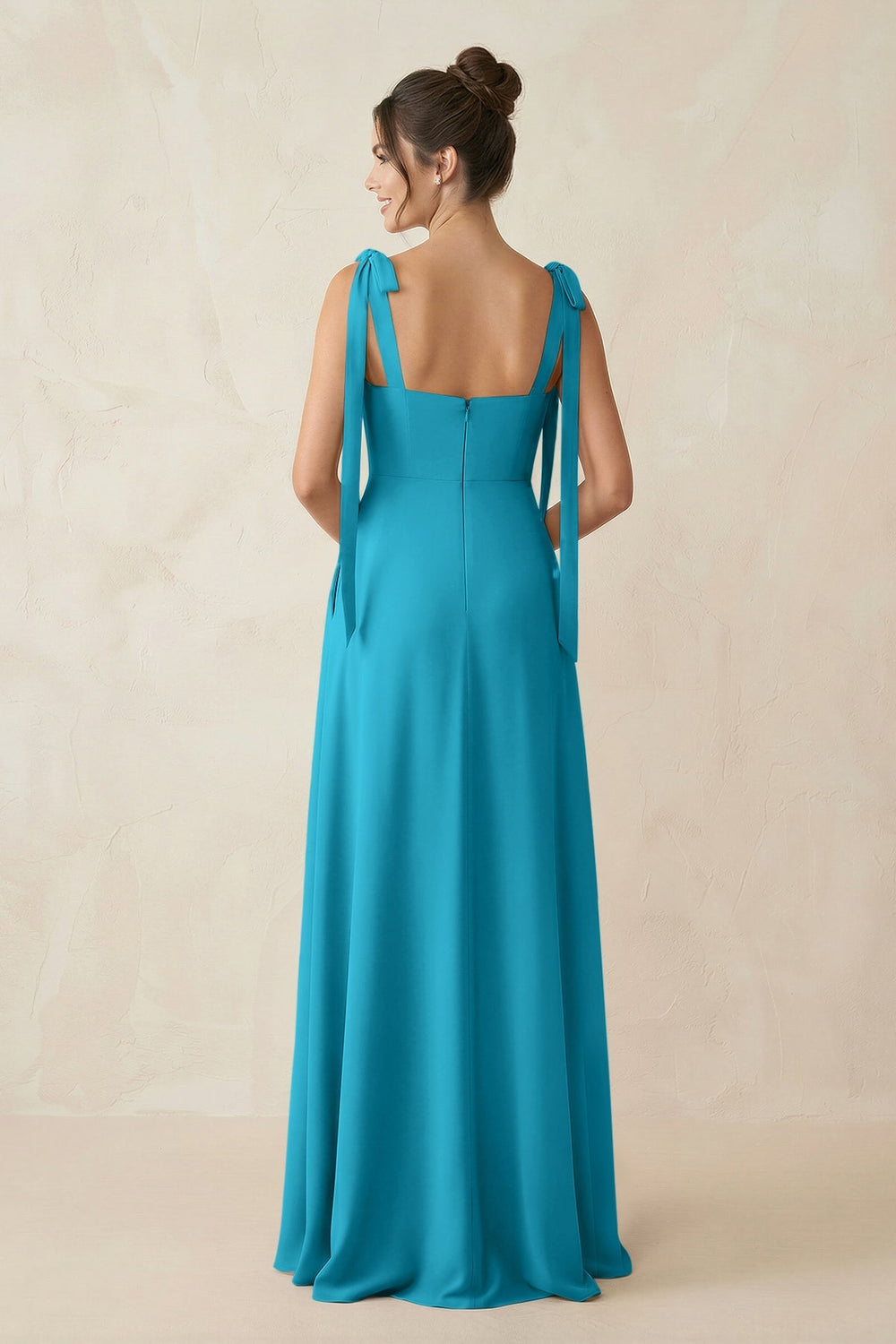Square Neck Sheath Chiffon Bridesmaid Dress with Bow in Blue Jay - KissProm Bridesmaid Dresses