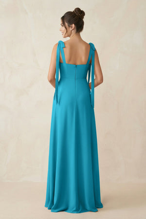 Square Neck Sheath Chiffon Bridesmaid Dress with Bow in Blue Jay - KissProm Bridesmaid Dresses