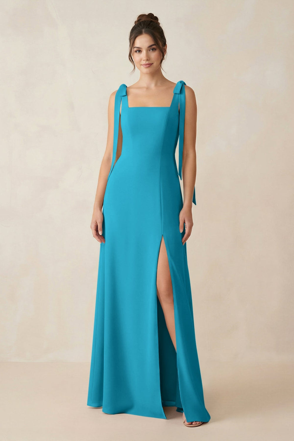 Square Neck Sheath Chiffon Bridesmaid Dress with Bow in Blue Jay - KissProm Bridesmaid Dresses