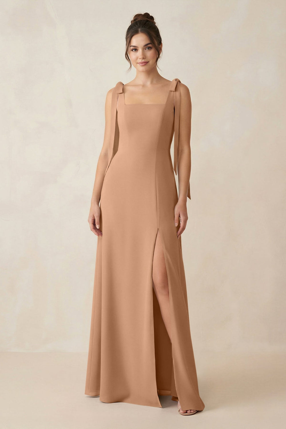 Square Neck Sheath Chiffon Bridesmaid Dress with Bow in Bronzer - KissProm Bridesmaid Dresses