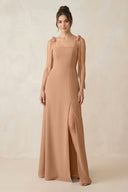 Square Neck Sheath Chiffon Bridesmaid Dress with Bow in Bronzer - KissProm Bridesmaid Dresses
